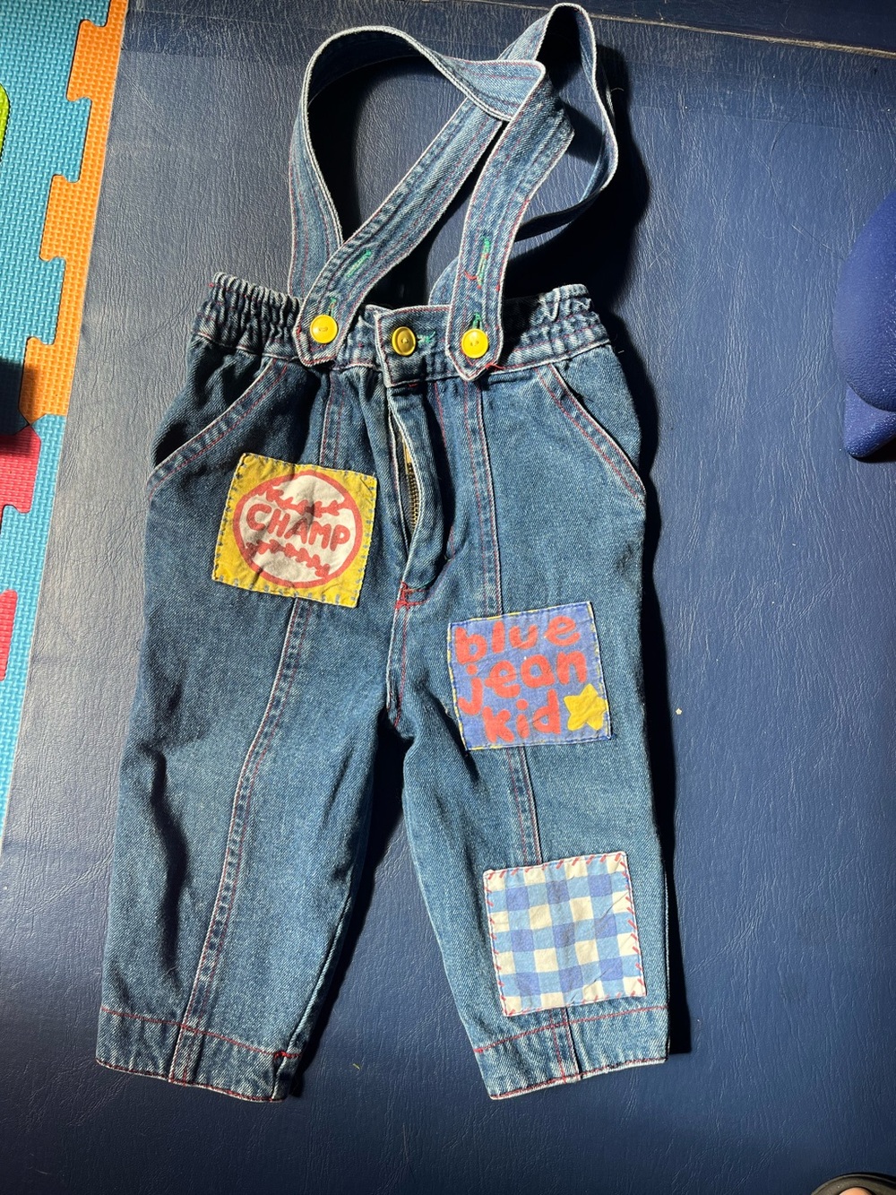 Vintage Hopscotch Denim Patch Overalls with Adjustable Suspenders